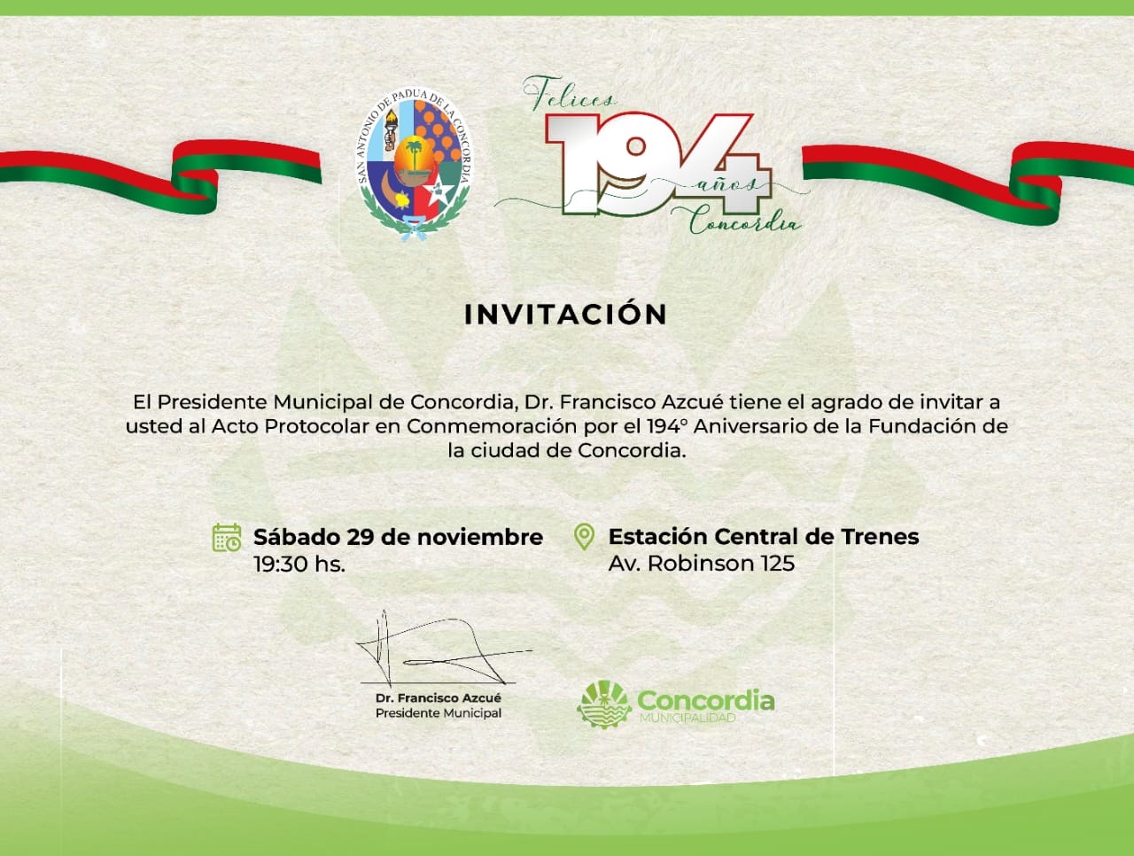 CONCORDIA CELEBRARÁ EL 194° ANIVERSARIO DE SU FUNDACIÓN CON UN ESPECTÁCULO ARTÍSTICO Y LA PUESTA EN VA LOR DE LA ESTACIÓN CENTRAL