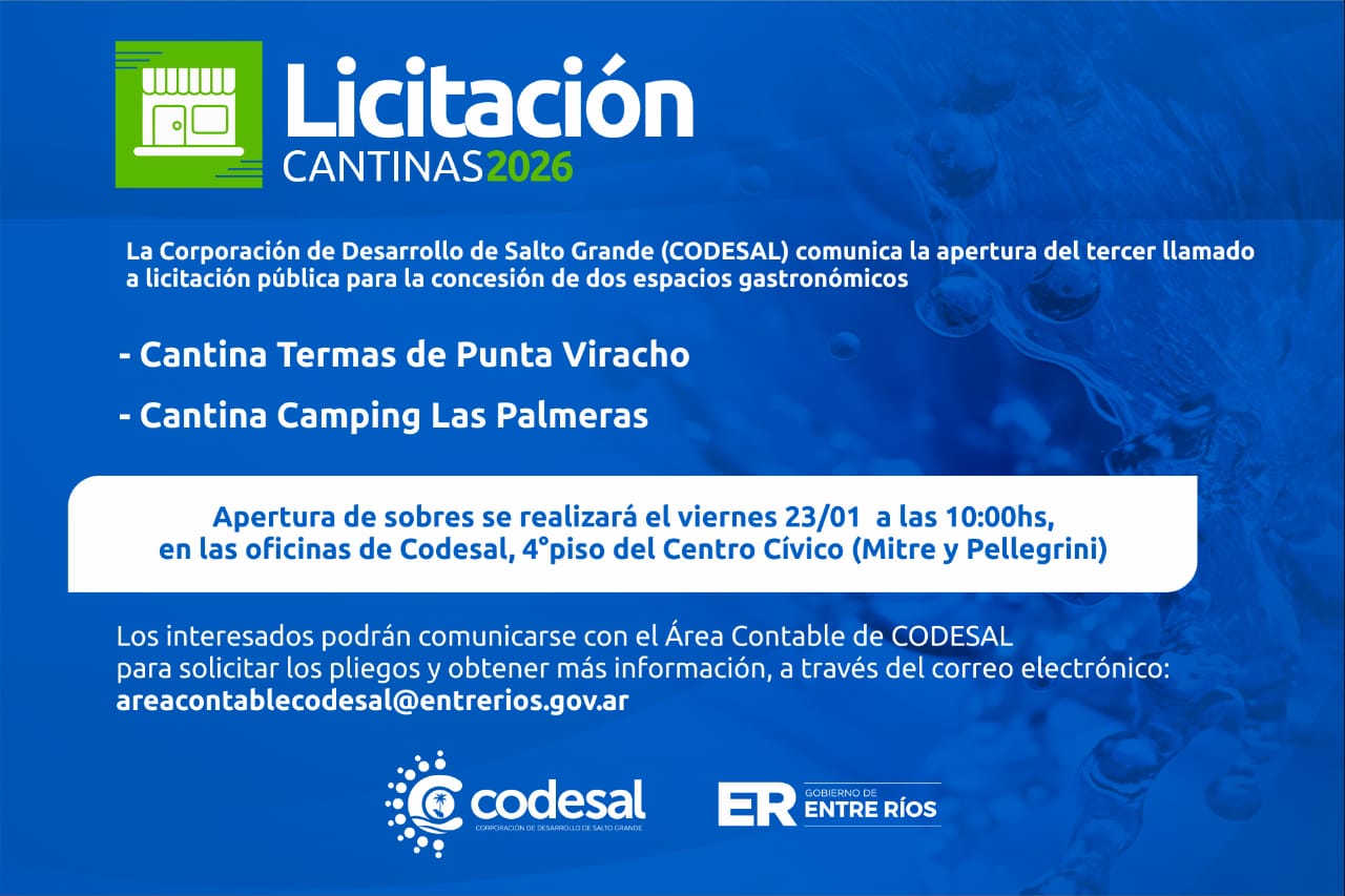 CODESAL anuncia el tercer llamado a licitación pública para dos cantinas del Lago de Salto Grande